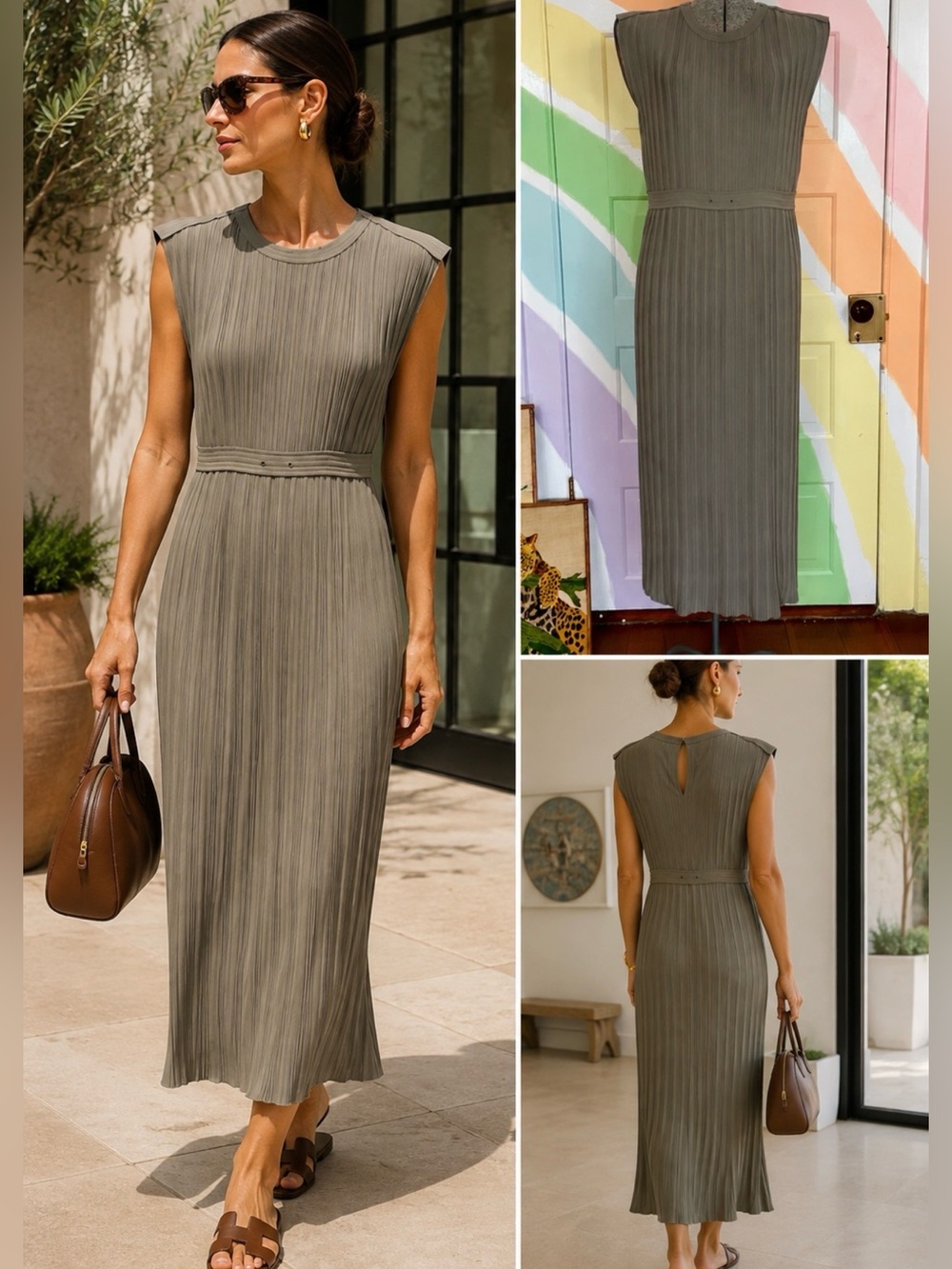 Club Monaco Fossil Green Micro Pleated Column Midi Dress Banded Waist Sz 00 💚🎀